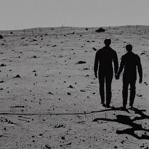 Image similar to a gay couple taking a stroll on the moon, with the earth showing in the pitch black sky