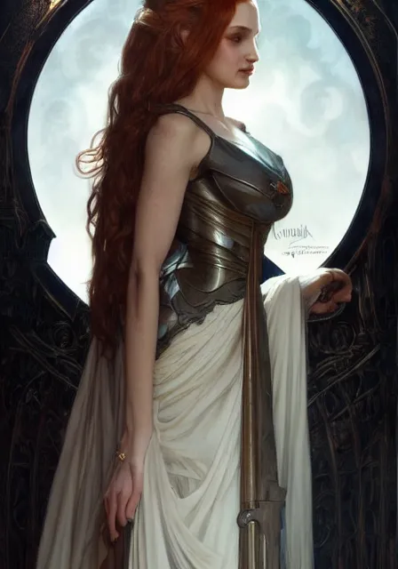 Image similar to sansa angeline jolie gessica chastain queen of death, intricate, elegant, highly detailed, digital painting, artstation, concept art, smooth, sharp focus, illustration, art by artgerm and greg rutkowski and alphonse mucha and william - adolphe bouguereau