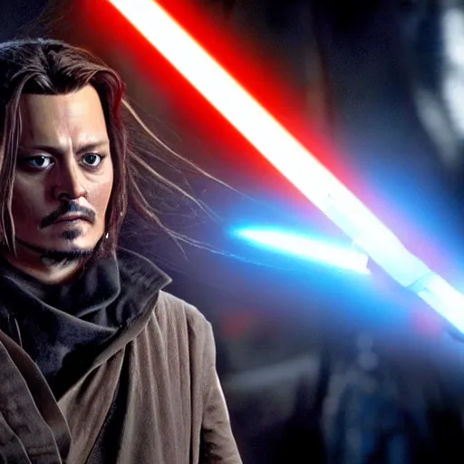 Image similar to awe inspiring Johnny Depp as a Jedi Master wielding a golden lightsaber Star Wars movie still 8k hdr amazing lighting