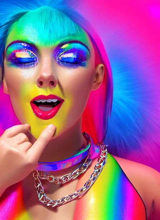 Prompt: full body digital artwork of a banana, wearing iridescent rainbow latex bikini, 4 k, expressive happy smug expression, makeup, in style of mark arian, wearing detailed pink leather collar, wearing chains, detailed face and eyes,