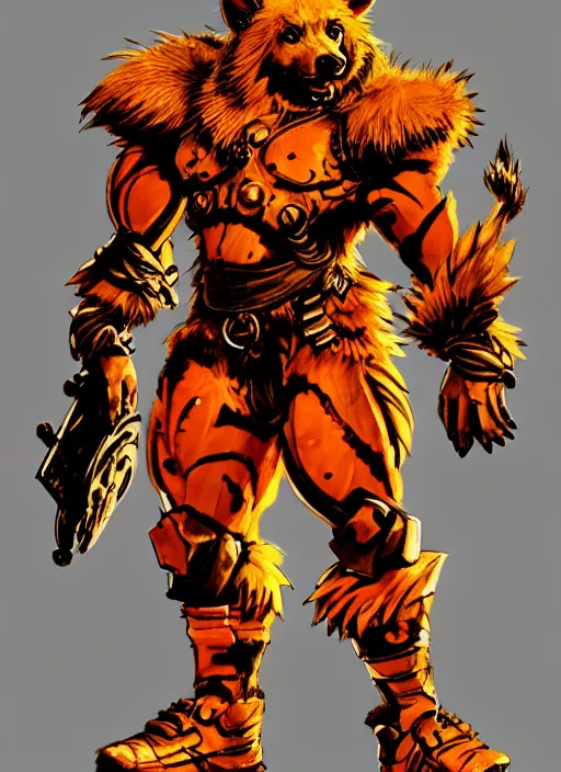 Prompt: Full body portrait of tall gnoll in golden armour and orange fur. In style of Yoji Shinkawa and Hyung-tae Kim, trending on ArtStation, dark fantasy, great composition, concept art, highly detailed, dynamic pose.