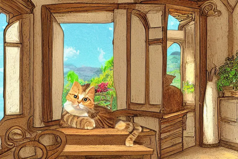 Image similar to a very very very very detailed digital art of Cute singular Cat in Provence style Room,