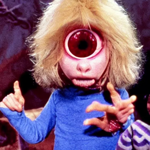 Image similar to still from 1977 live-action children's tv show about a goblin who enters an eyeball cult color