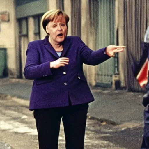 Image similar to Angela Merkel rapping in the movie 8 mile, movie still