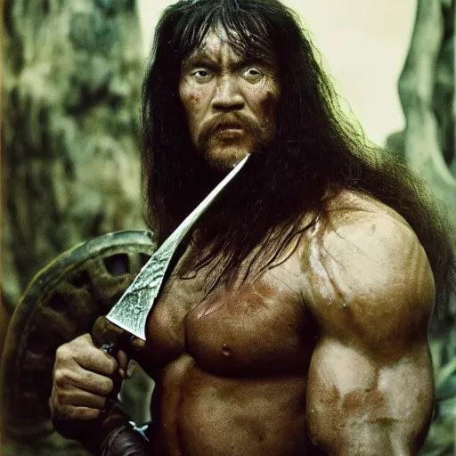 Prompt: Candid portrait photograph of Conan the Barbarian taken by Annie Leibovitz