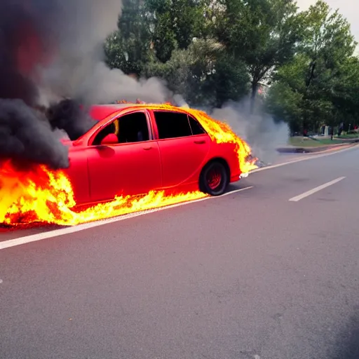 Image similar to front view red car on fire, in the street