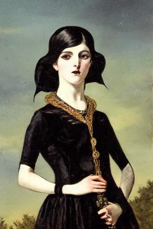 Prompt: a 19th century painting of a goth girl, 1800s romantic painting