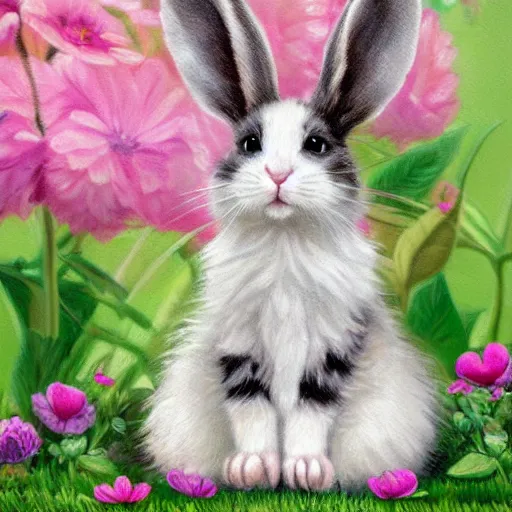 Prompt: cute fluffy hybrid animal cross between mouse, kitten, and lop eared bunny rabbit sitting on a flowery landscape detailed painting 4 k