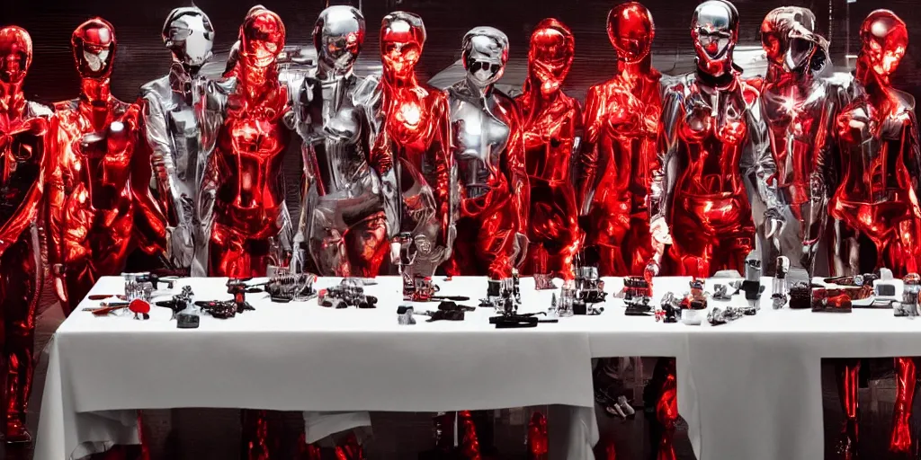 Prompt: !13 diverse cybersuits on !one_side of a reflective !metal table, !!posing_as_last_supper cinematic lighting, detailed glowing red implants, satin, crystal, liquid, floating, !!highly detailed