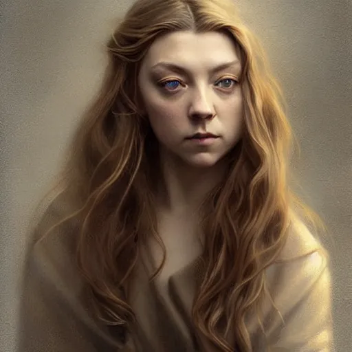 Image similar to beautiful striking Pre-Raphaelite Natalie Dormer by Artgerm and Greg Rutkowski, pale, intricate, elegant, highly detailed, digital painting