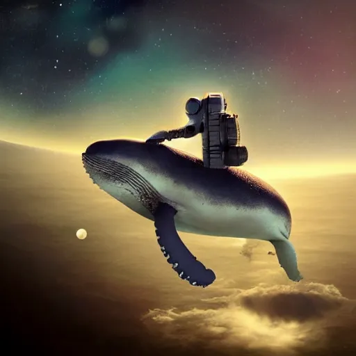 Prompt: astronaut riding on top of floating whale, in undiscovered place, space, exploration, science fiction, fine details, beautiful sky, infinite view, neo