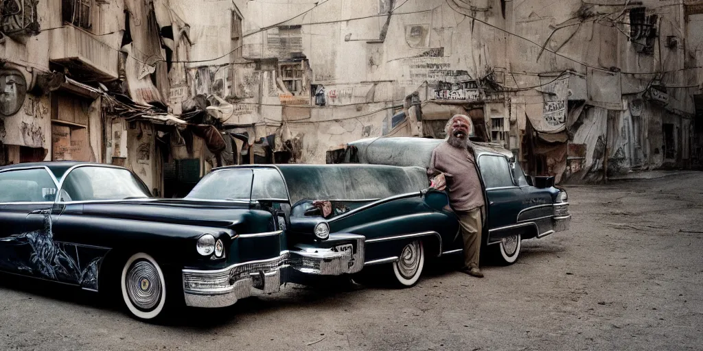 Image similar to a widescreen photo of a old cadillac full with old laughing happy old men with long hair, long beards, low light, by steve mccurry