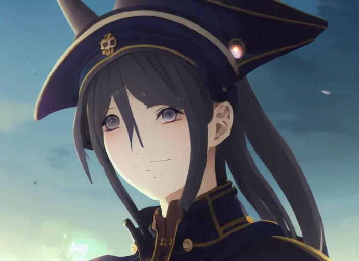 Prompt: portrait of inquisitor maria, azur sky landscape, helm of second world war warship in background, illustration concept art anime key visual trending pixiv fanbox by wlop and greg rutkowski and makoto shinkai and studio ghibli and kyoto animation, dark fantasy, symmetrical facial features, astral witch clothes, dieselpunk, gapmoe yandere grimdark, backlit