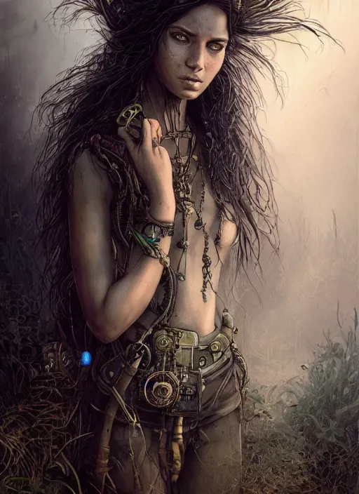 Image similar to portrait of a young very beautiful cute tribal woman with a steampunk gun, post apocalyptic city overgrown with lush vegetation, by Luis Royo, by Greg Rutkowski, dark, gritty, intricate, highly detailed face, backlit, strong rim light, cover illustration, concept art, volumetric lighting, volumetric atmosphere, sharp focus, octane render, trending on artstation, 8k