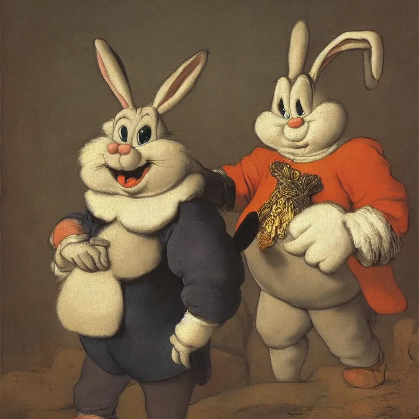 Prompt: A portrait of the cartoon character Bugs Bunny as Big Chungus by Rembrandt van Rijn; masterpiece; masterpiece; masterpiece; masterpiece; masterpiece