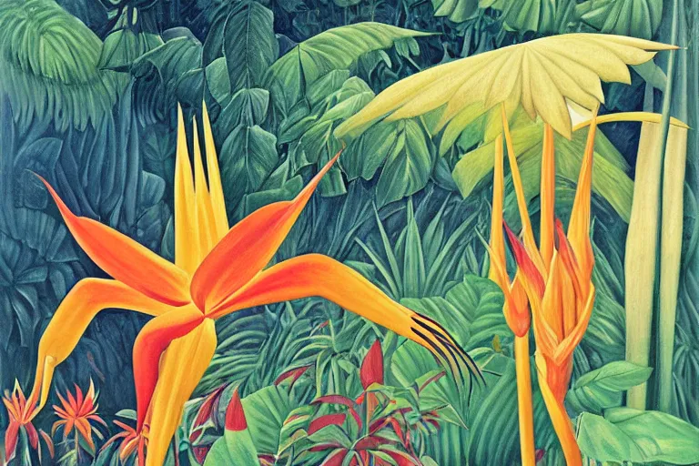 Image similar to heliconia in a garden, art by Henri Rousseau, studio Ghibli