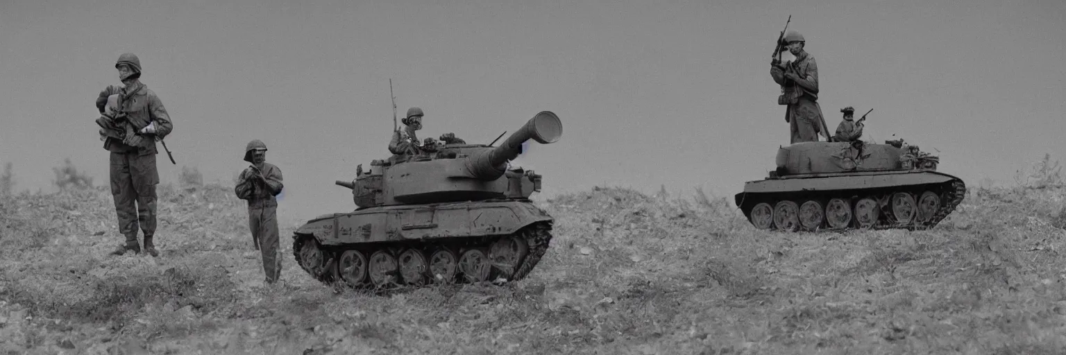 Prompt: detailed sharp photograph in the style of popular science circa 1 9 5 5 and gregory crewdson of close up of a single soldier atop a tank in korean war 1 5 0 mm lens