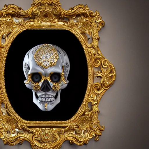 Image similar to a portrait of a beautiful ornate and intricate rococo skull with silver and gold details and diamonds inside a rococo frame, 4k, octane render, vray, unreal engine, photorealistic