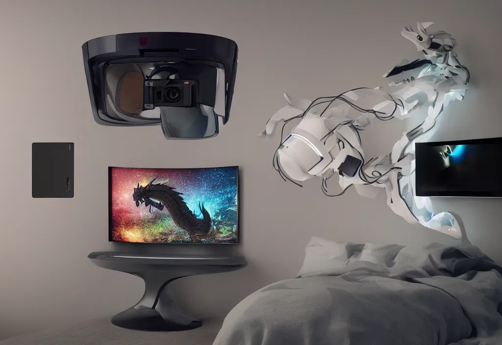 Image similar to curved 3 dtv dragon popping out of tv, volumetric lighting, bedroom, visor, users, pair of keycards on table, bokeh, creterion collection, shot on 7 0 mm, instax