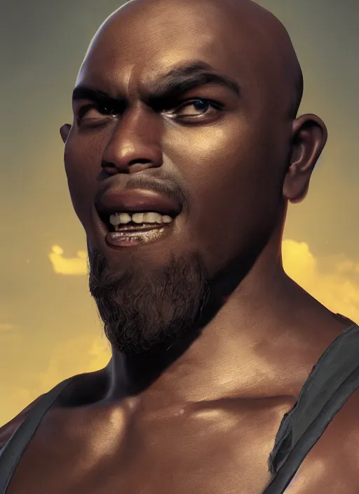 Image similar to An epic fantasy comic book style portrait painting of a young dark skinned thief with broad shoulders and a bald head in a vest, unreal 5, DAZ, hyperrealistic, octane render, cosplay, RPG portrait, dynamic lighting