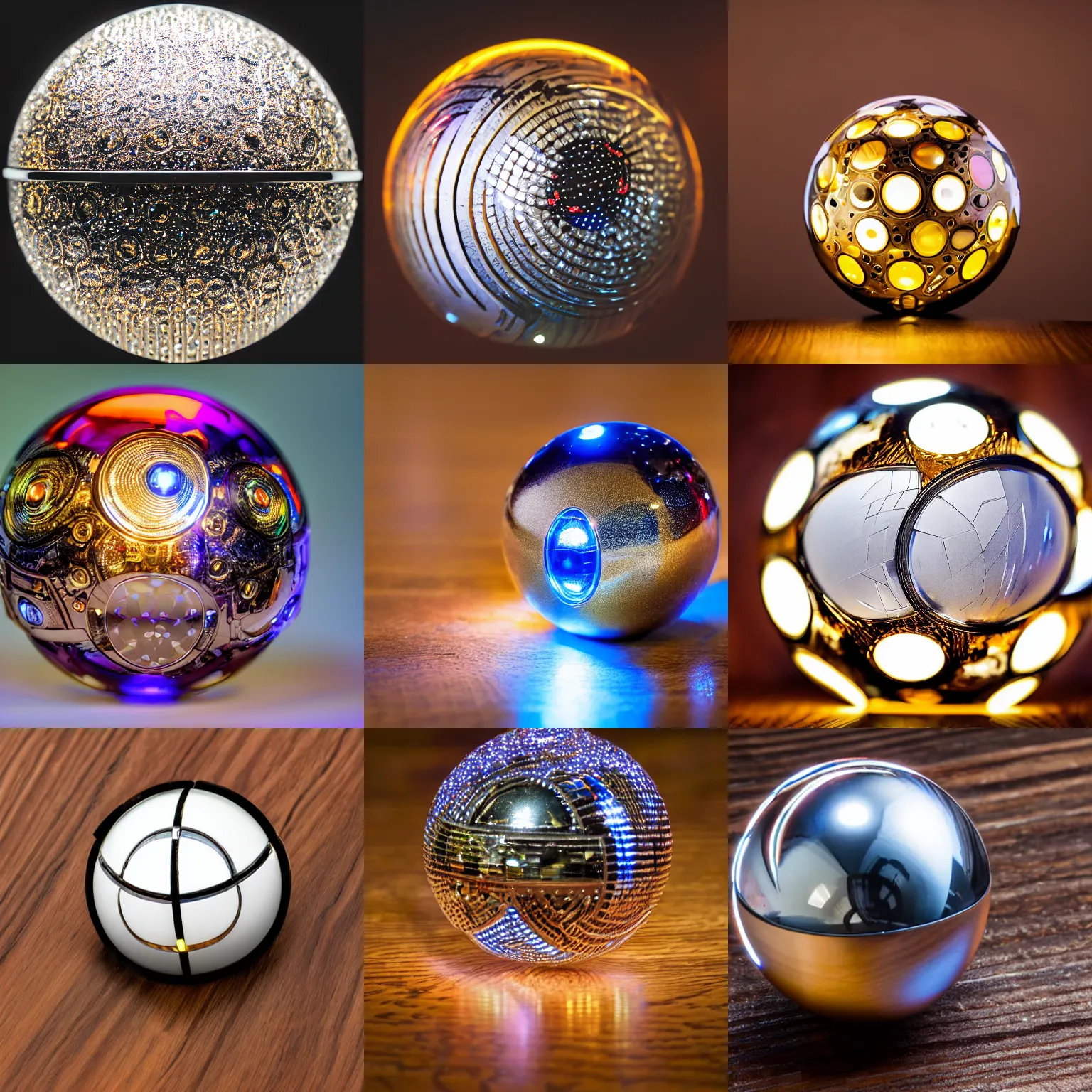 Prompt: a studio photograph of a futuristic high - tech intricate jeweled chrome pokeball with leds and golden inlays laying on wood grain, xf iq 4, 1 5 0 mp, 5 0 mm, f 1. 4, iso 2 0 0, 1 / 1 6 0 s, natural light, adobe lightroom, photolab, affinity photo, photodirector 3 6 5