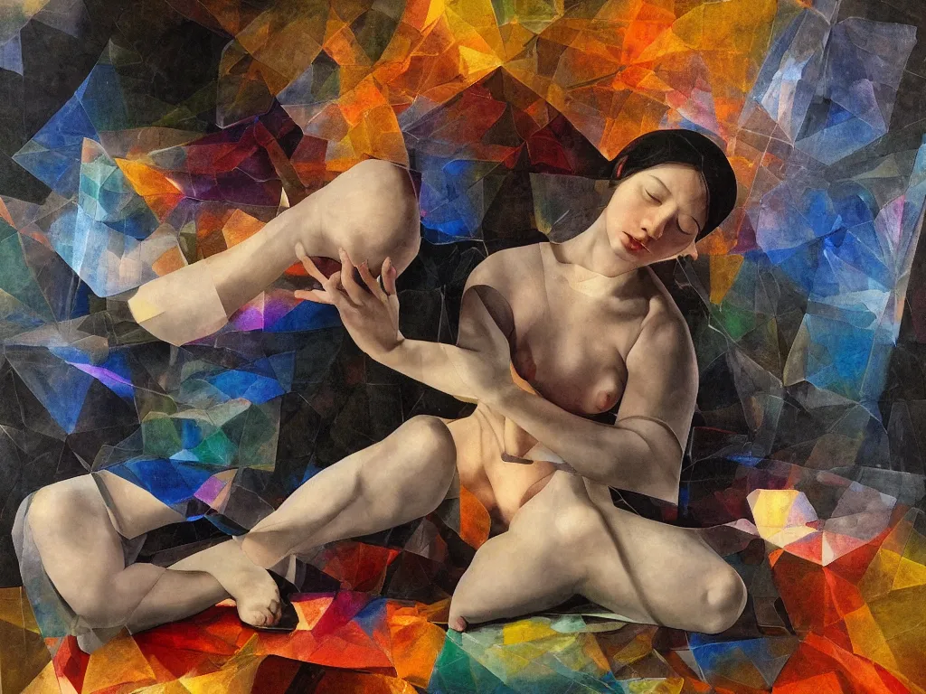 Image similar to hyperrealistic crystalline abstract still life painting of a 3d female monk meditating sitting down wrapped in fabric and gently smiling, surrounded by prisms in a tesseract, by Caravaggio, botanical print, surrealism, vivid colors, serene, golden ratio, minimalism, negative space