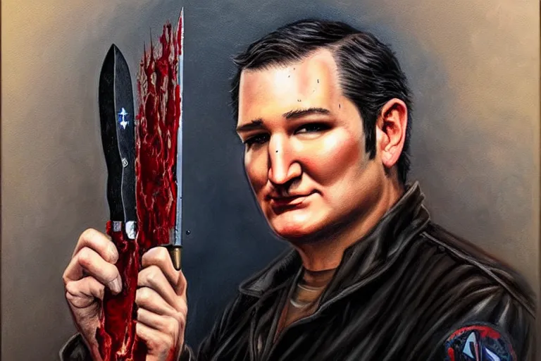 Prompt: portrait of ted cruz with a knife as the zodiac killer bloodied, an oil painting by ross tran and thomas kincade