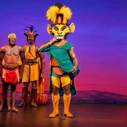 Image similar to bad mascot costumes in the lion king stage show at disneyland, covered outdoor stage, theatrical lighting, iphone video