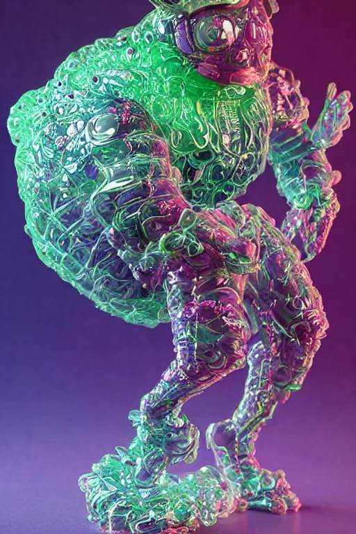 Image similar to a fat jelly super detailed anime character with fluo color detail, and muted arm colors, that looks like a insect, on top of a painting of plastic synthetic ionized metal flower sculptures