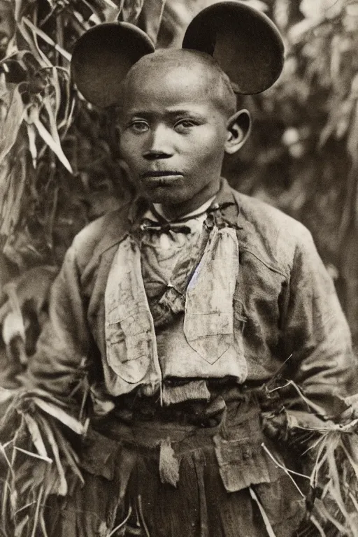 Image similar to a 1 9 0 5 colonial closeup portrait photograph of mickey mouse in a village at the river bank of congo, thick jungle, portrait shot