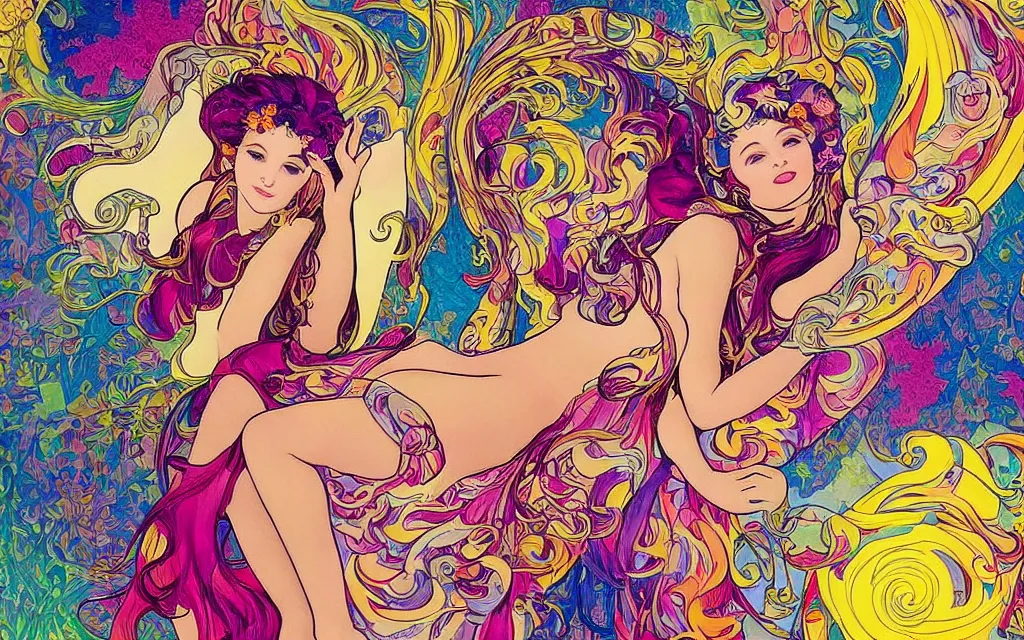 Prompt: i dream a dirty dream of you baby you're swinging from the chandelier i'm climbing up the walls'cause i want you but when i reach you, you disappear, in the style of lisa frank and alfons mucha