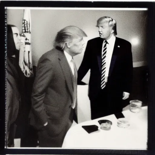 Image similar to polaroid photograph of donald trump meeting aliens, black and white, blurry