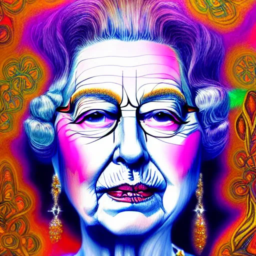 Image similar to An extremely psychedelic portrait of Queen Elizabeth, surreal, LSD, face, detailed, intricate, elegant, lithe, highly detailed, digital painting, artstation, concept art, smooth, sharp focus, illustration