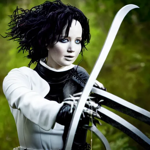 Image similar to jennifer lawrence as eddy scissorhands in edward scissorhands remake, ( eos 5 ds r, iso 1 0 0, f / 8, 1 / 1 2 5, 8 4 mm, postprocessed, crisp face, facial features )