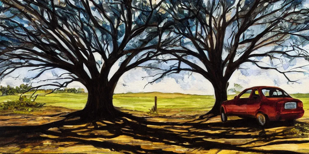 Prompt: painting of a tree coming out of a car