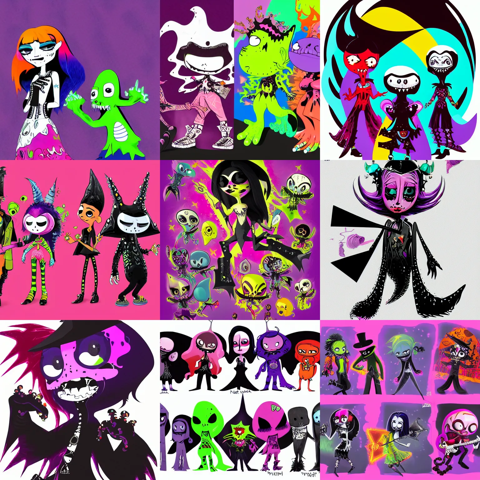 Prompt: lisa frank gothic punk vampiric rockstar vampire squid concept character designs of various shapes and sizes by genndy tartakovsky and the creators of fret nice at pieces interactive and splatoon by nintendo and the psychonauts by doublefine tim shafer artists for the new hotel transylvania film trending on art station