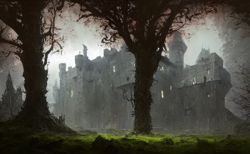 Image similar to painting of a medieval castle covered by vegetations and moss by greg rutkowski and Craig Mullins, Dark atmospheric sad and cinematic lighting, Trending on artstation