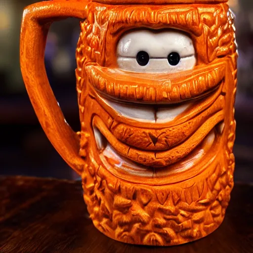 Image similar to a closeup photorealistic photograph of an orange garfield style tiki mug at a trader vic's bar with garfield's face on the front. tiki party. bright scene. fine detail. this 4 k hd image is trending on artstation, featured on behance, well - rendered, extra crisp, features intricate detail, epic composition and the style of unreal engine.