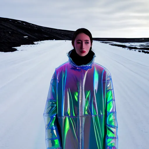 Image similar to an ultra high definition professional studio quality photograph of an artificially intelligent cyberpunk art influencer wearing a transparent iridescent pastel coloured face visor and matching bubbly puffy raincoat on white coat hook in a sheer icelandic black rock environment. dramatic lighting. volumetric shadows. light rays