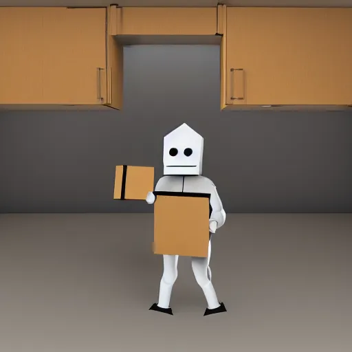 Prompt: hyperrealistic, cardboard boxman with cardboard armor, wielding a cardboard sword inside a kitchen, cabinets, stove