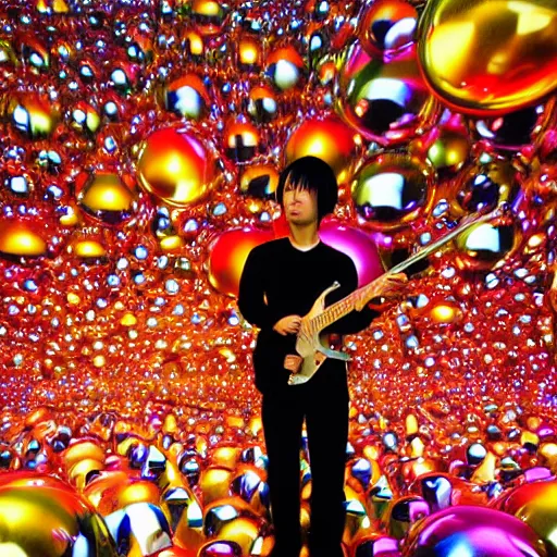 Prompt: futuristic japanese funk bass player in a field of disco balls in outer space, by takashi murakami, by james gurney