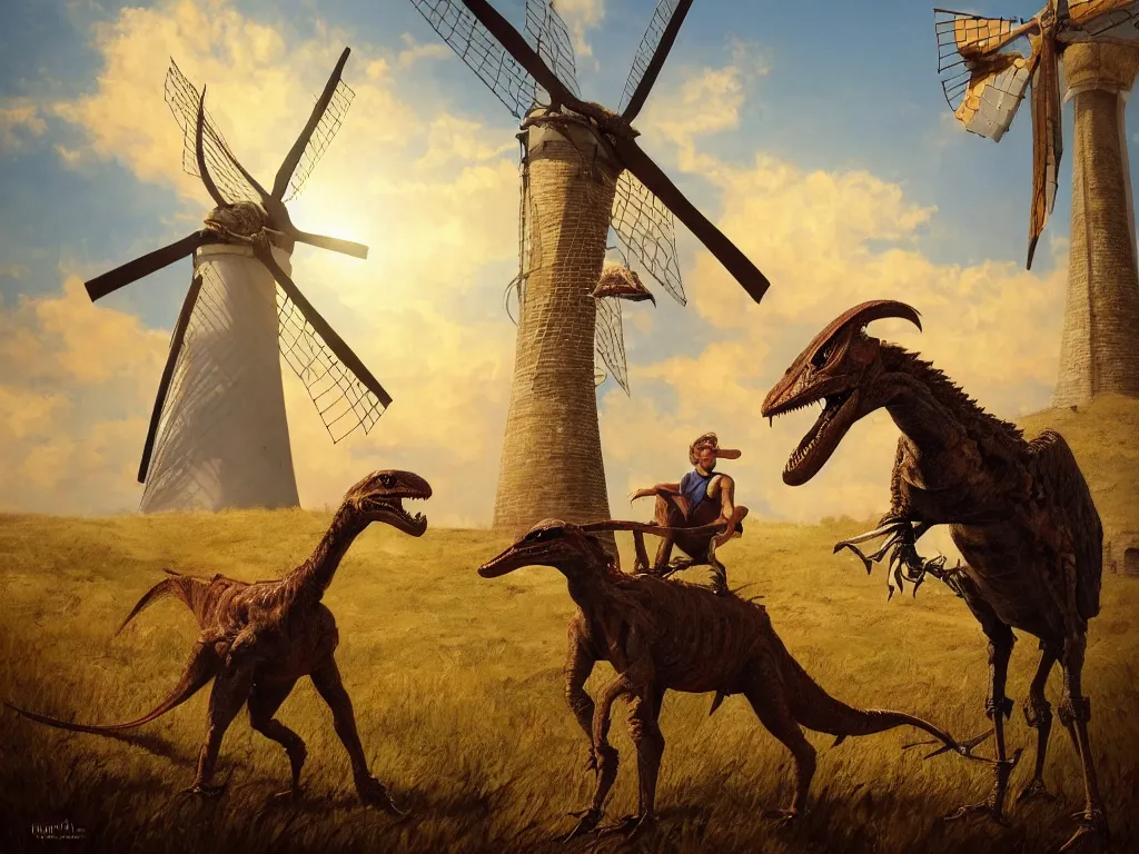 Image similar to portrait of don quixote sitting on a velociraptor in front of a windmill, summer, sun in the zenith, digital art, highly detailed, stunning scene, 4 k, realism, stunning scene, bright colors, trending on artstation, masterpiece