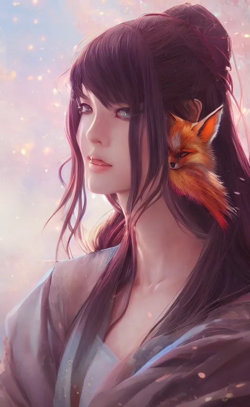 Image similar to A beautiful anime-style digital concept portrait of a beautiful young sorceress with fox ears and nine fox tails wearing a kimono, by Stanley Artgerm Lau, WLOP, Rossdraws, LeraPi, and Sakimichan, trending on ArtStation