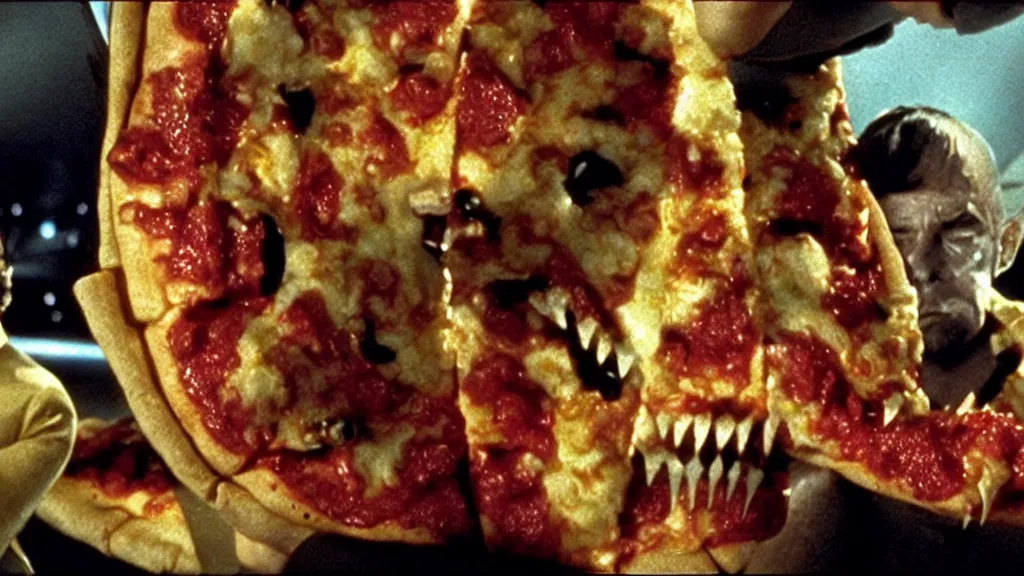 Image similar to giant monsters made of pizza and sharp teeth eating people, star trek, film still from a movie directed by Denis Villeneuve with art direction by Salvador Dalí, wide lens