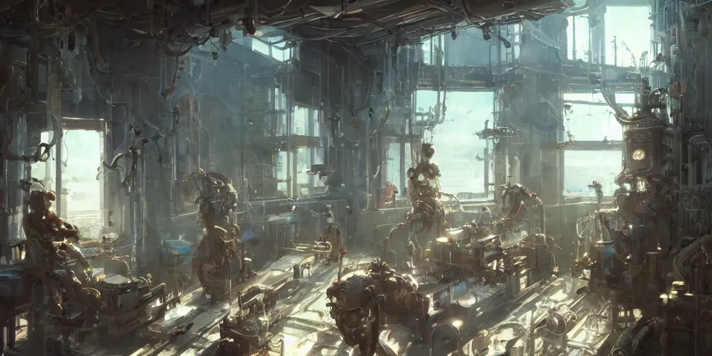 Image similar to extremely detailed portrait of a biopunk laboratory seen from within the sunny window, artstation, cinematic, by greg rutkowski, overrun by rabbits, devastated