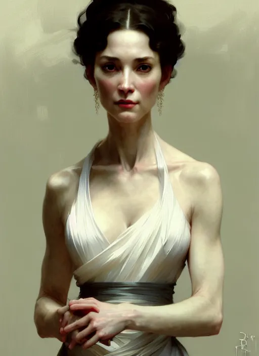 Prompt: character concept portrait of a stoic and proud woman in an elegant gown, pale face, intricate, elegant, digital painting, concept art, smooth, sharp focus, illustration, from Metal Gear, by Ruan Jia and Mandy Jurgens and William-Adolphe Bouguereau, Artgerm