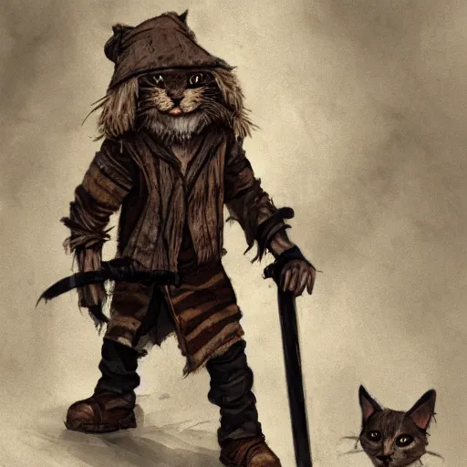 Image similar to dirty homeless humanoid cat wearing rags, wielding a broadsword, concept art, d & d, fantasy, trending on artstation