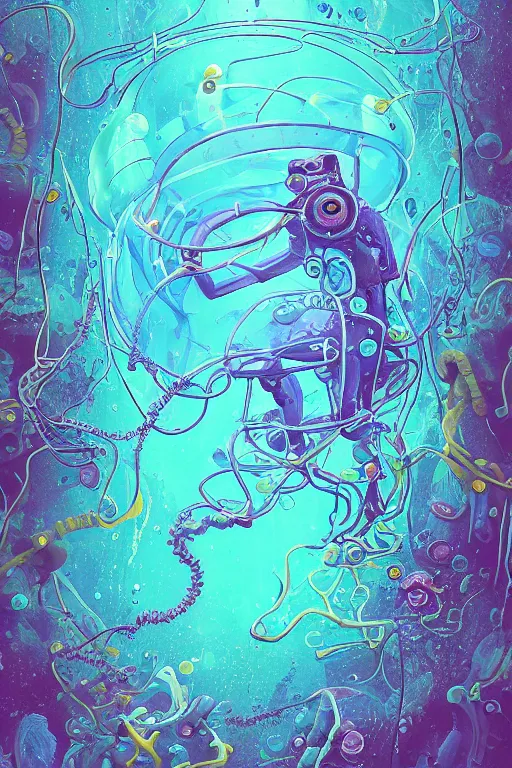 Prompt: a picture of mysterious colourful underwater jellyfish, being discovered by a man in a steampunk diving suit. water is deep aquamarine coloured. poster art by james jean, concept art, behance contest winner, very detailed, award - winning. lovecraftian, cosmic horror, bioluminescence.