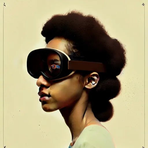 Image similar to Beautiful woman wearing opaque goggles profile picture by Greg Rutkowski, brown skin, long afro hair, asymmetrical, studio ghibli, Organic Painting , Matte Painting, geometric shapes, hard edges, street art, trending on the artstation, fantasy LUT, realistic by Sachin Teng,