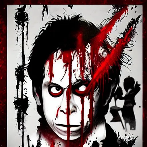 Image similar to dennis reynolds slasher movie poster black and red blood and knife horror film high detail angy expression